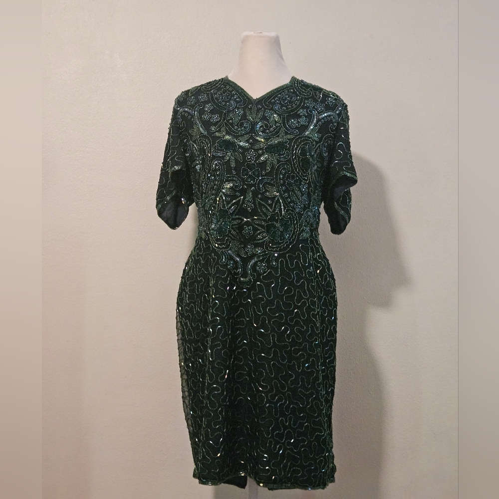 Scala Vintage Silk Emerlad Green 90s Beaded Dress Petiet Large PL Cocktial Dress